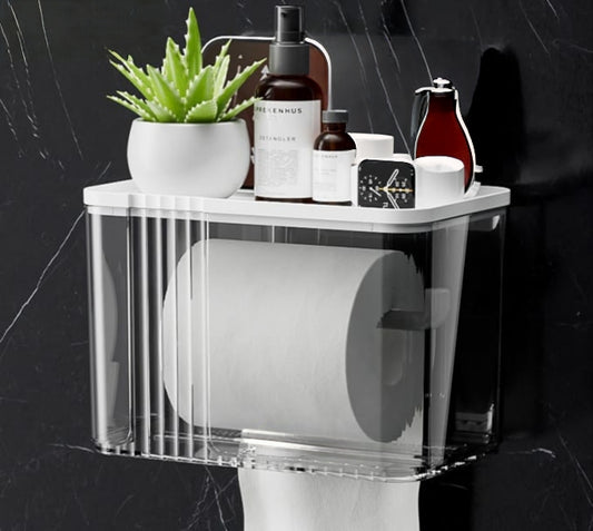 White wall-mounted tissue box with integrated storage tray
