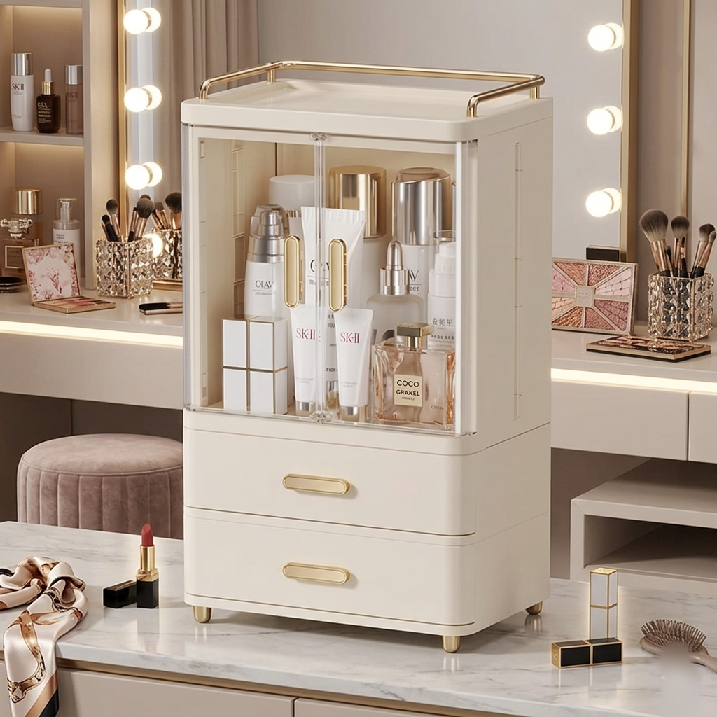 Dustproof acrylic cosmetic storage cabinet with double doors and two drawers for organizing makeup, skincare products, and beauty accessories
