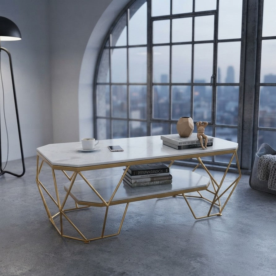 Double layer glass coffee table with spacious upper and lower shelves for modern living room décor and storage.