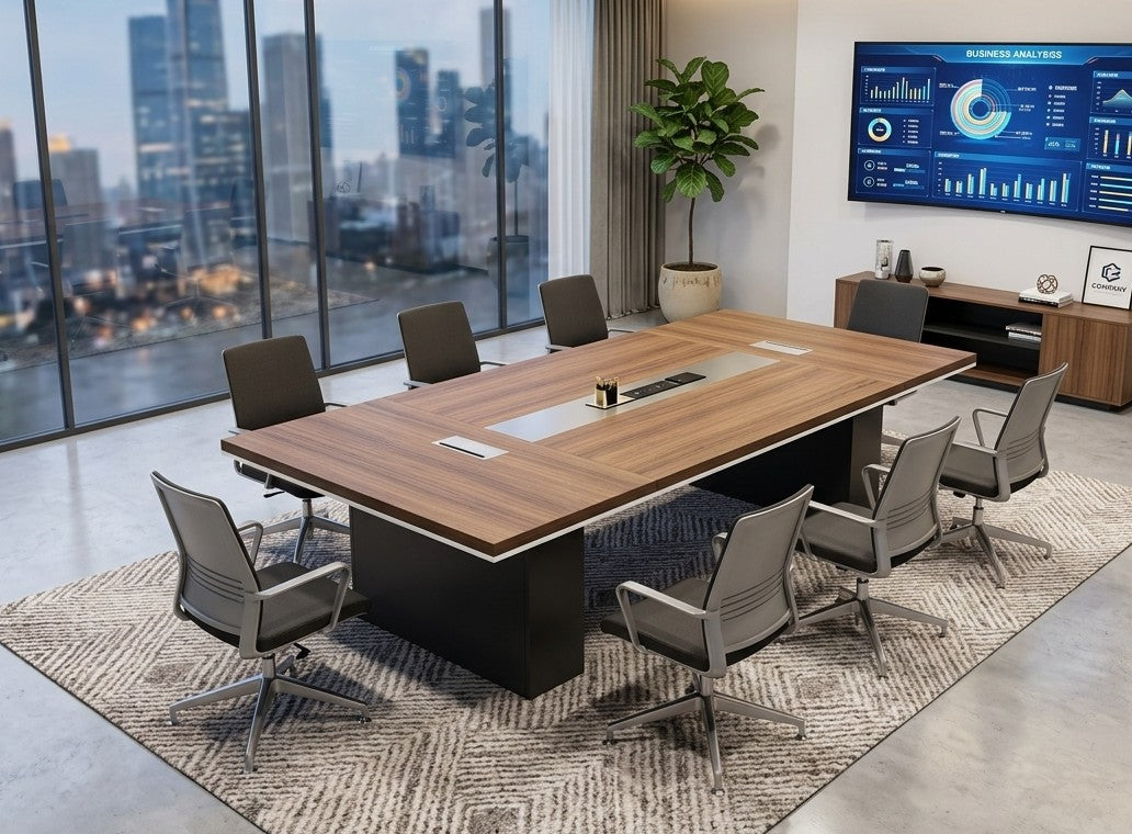 3 meter executive conference table with dark wood finish, white edge detail, pedestal base, and integrated power connectivity for boardroom use.