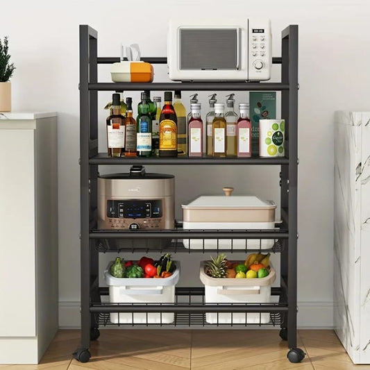 Multi-layer metallic rolling storage rack with wheels for kitchen bathroom and office organization