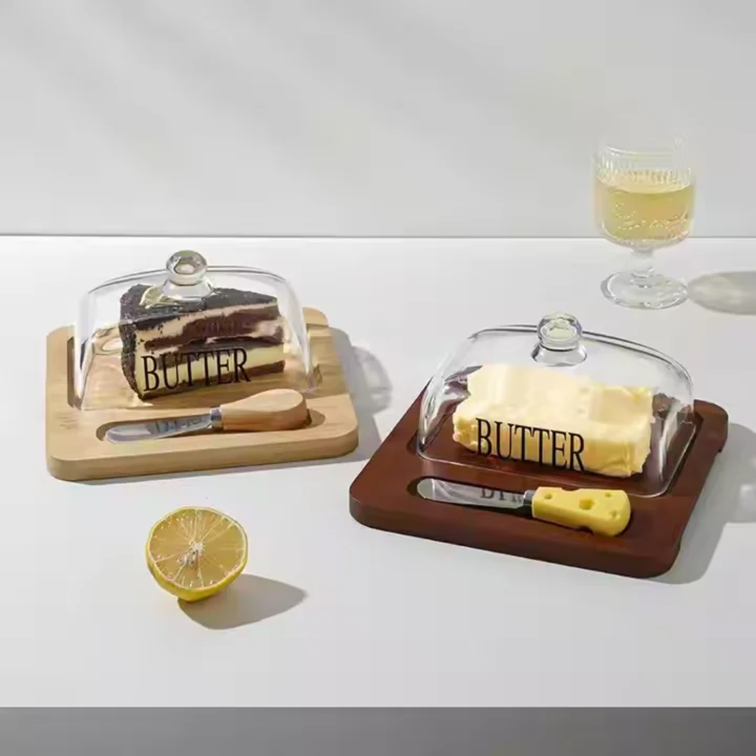 Glass Butter Dish And Bamboo Tray