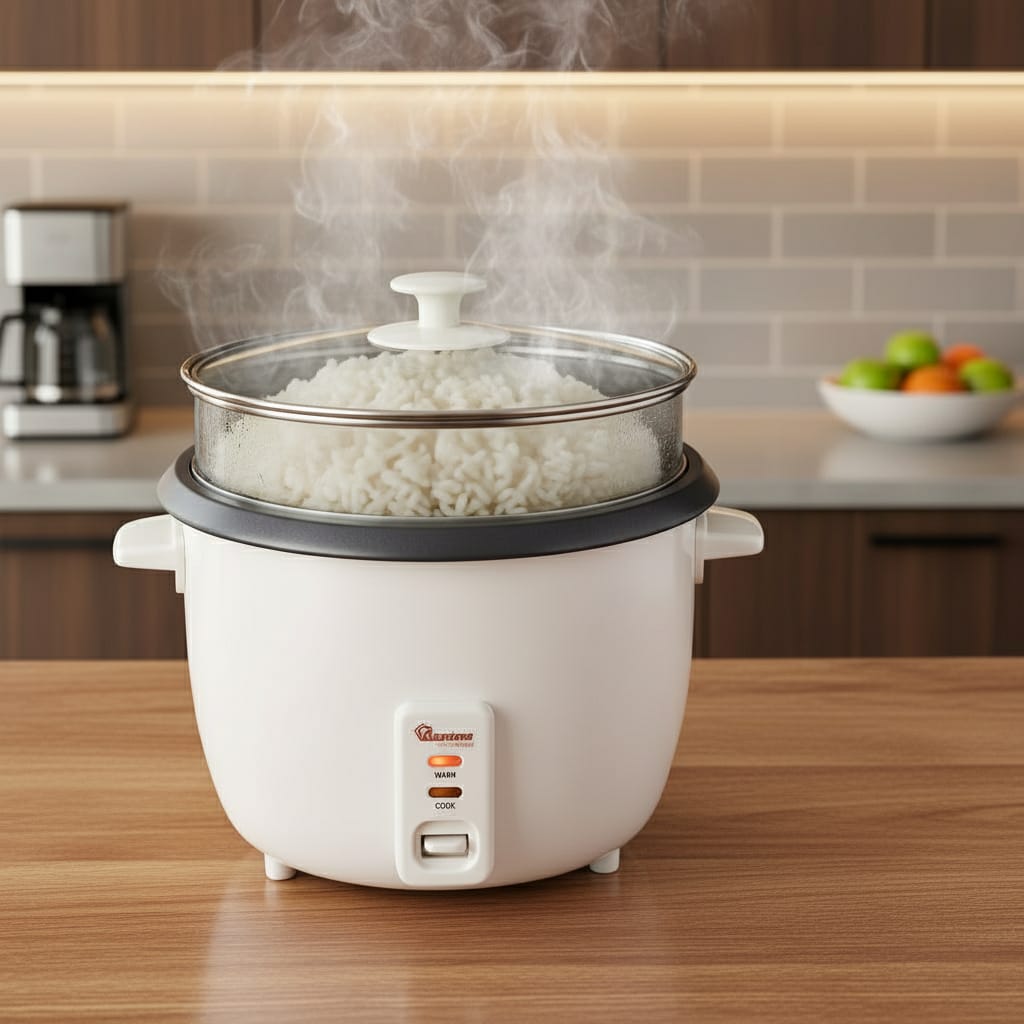 White Ramtons 2.8 litre rice cooker and steamer with glass lid and non stick inner pot
