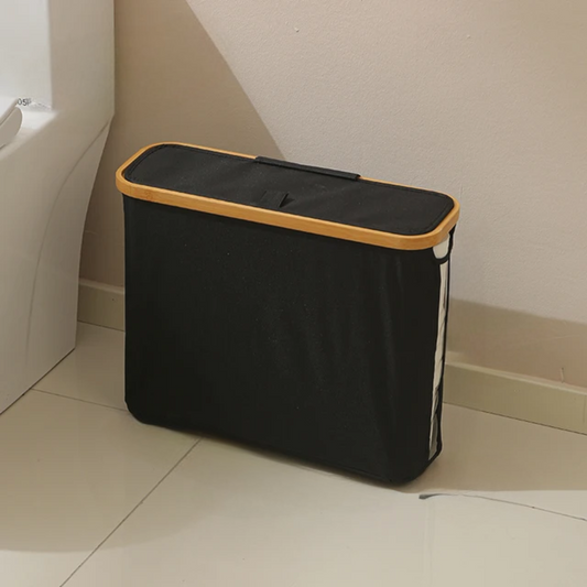 Slim bathroom storage cabinet with bamboo lid and side handle for compact bathroom organization