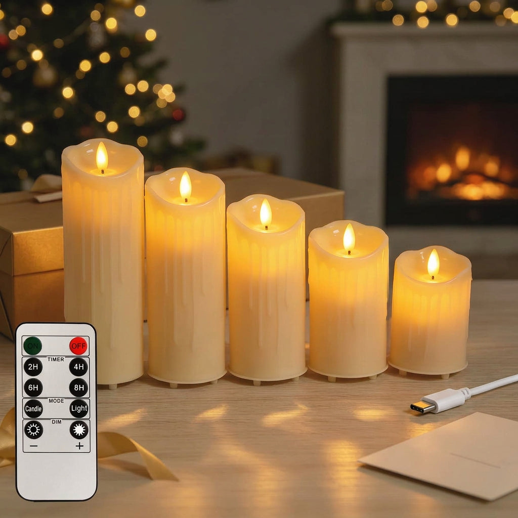 5-Piece Rechargeable LED Candle Set with Dripping Wax Design