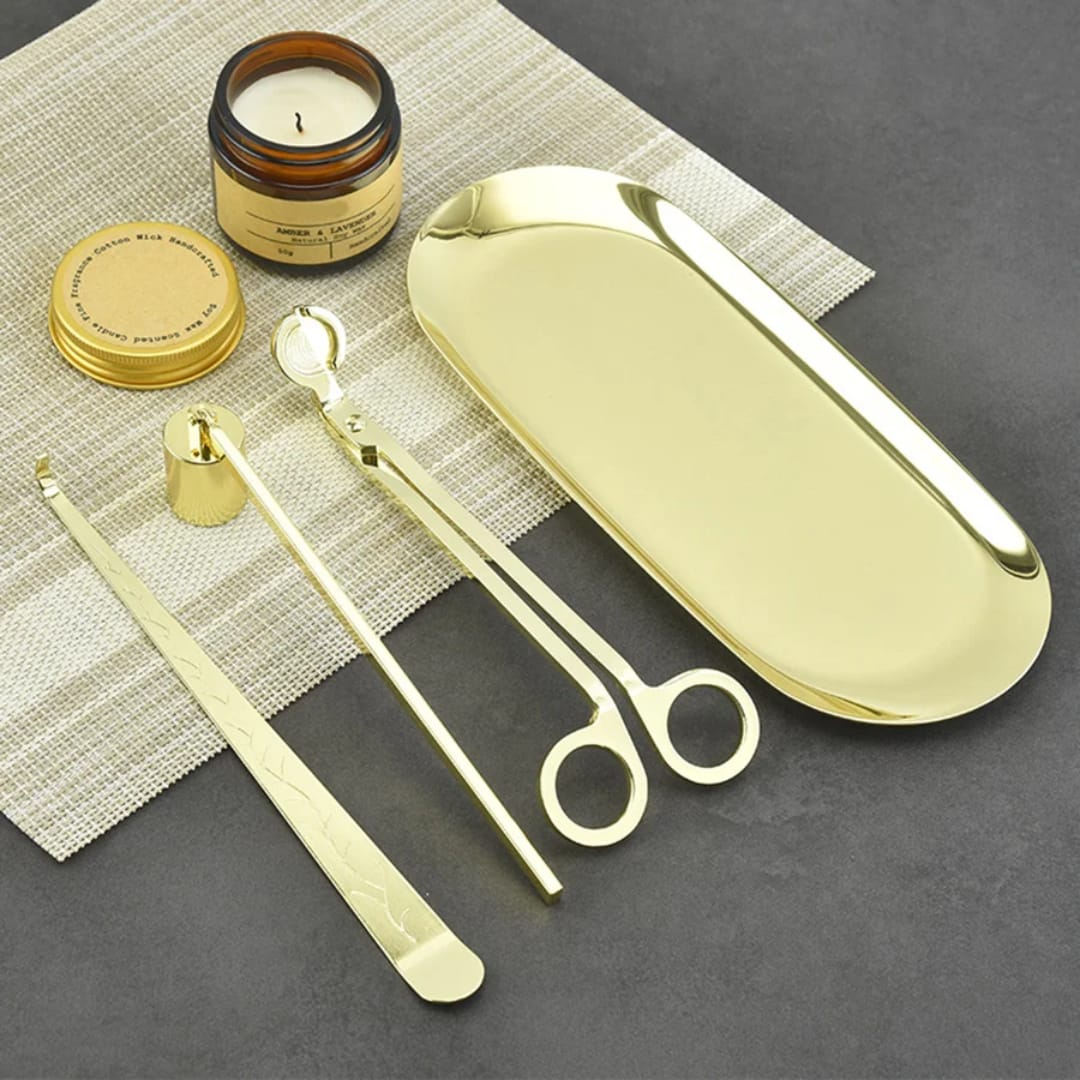 Three-piece candle care kit with wick trimmer, snuffer, and wick dipper for candle maintenance