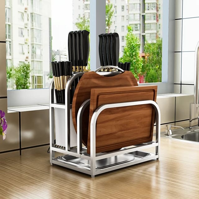 Stainless steel kitchen rack with multiple tiers for organized storage of cookware and utensils