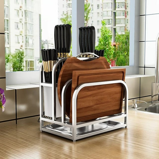 Stainless steel kitchen rack with multiple tiers for organized storage of cookware and utensils
