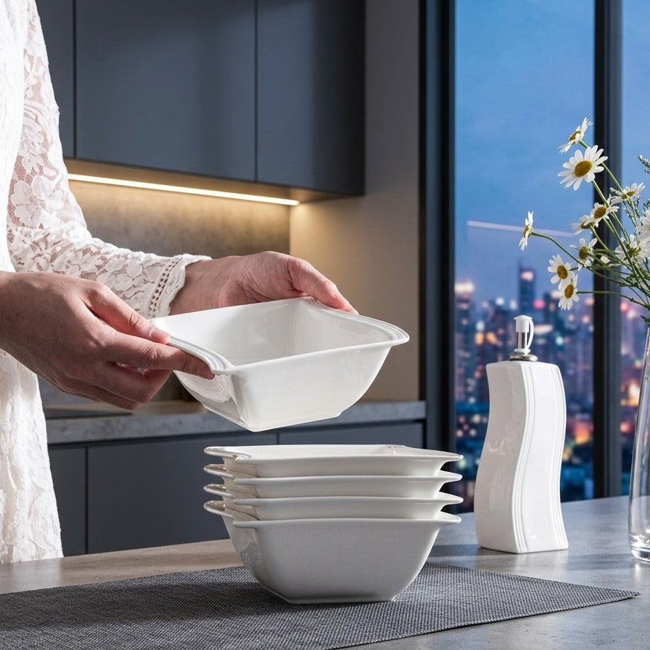 6cps Shapely Ceramic Bowl Set with Lines Design