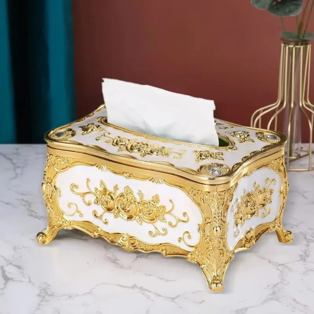 Silver and gold serviette holder box for neatly storing napkins on tables or countertops