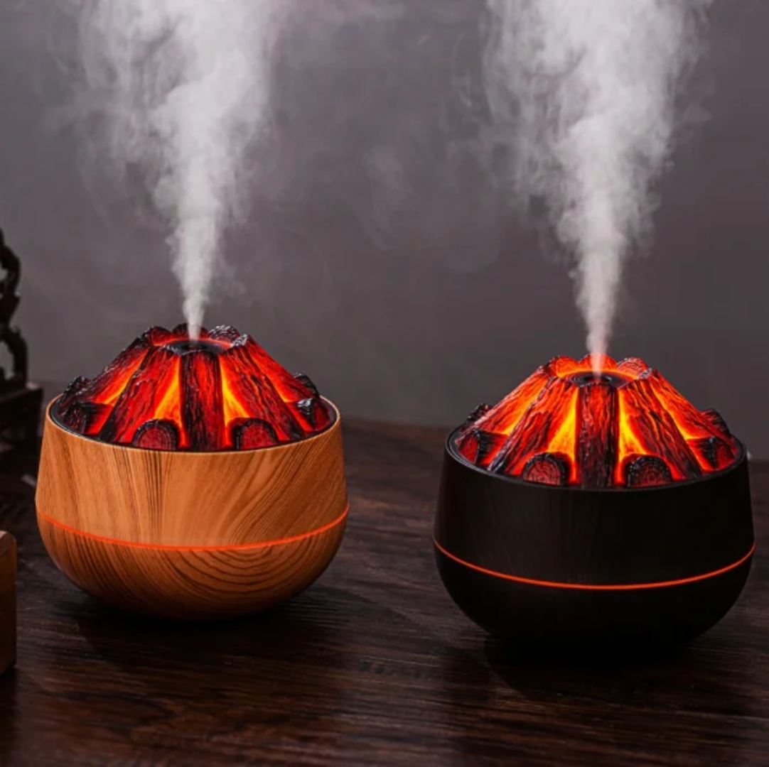 Charcoal fire humidifier with 300ml tank and flame effect mist design in two colors
