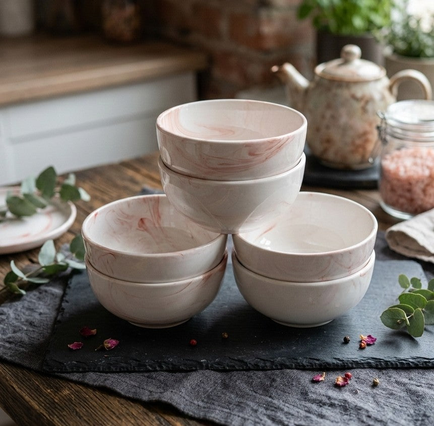 Six-piece marble themed soup bowl set for modern dining table use