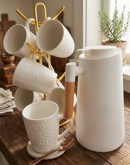 7-Piece tea set with flask and six white ceramic cups