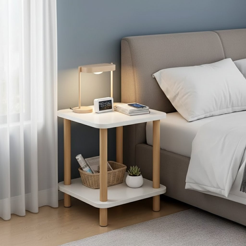 White multifunctional wooden bedside and living room side table