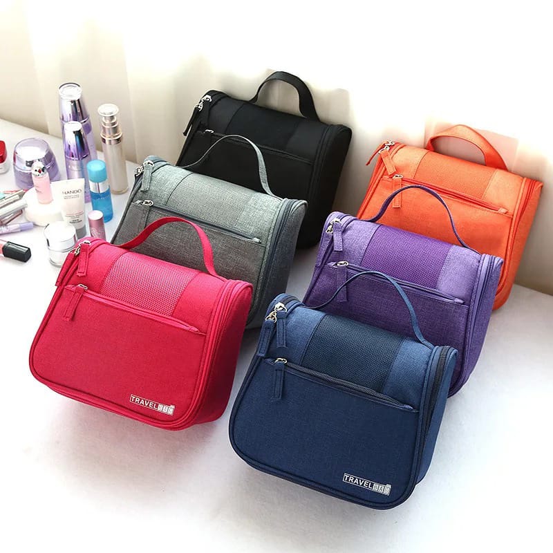 Foldable travel cosmetic bag with hanging hook in assorted colors