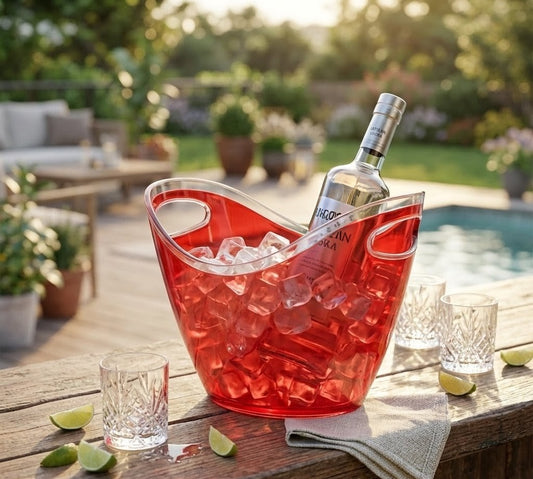 Large red acrylic oval ice bucket cooler with 3.5 litre capacity for chilling champagne, beer, water, or soda bottles