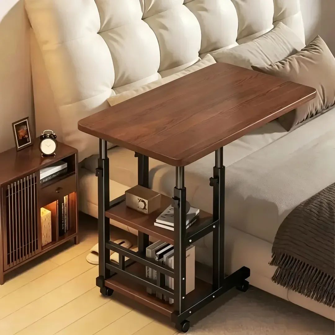 Adjustable mobile laptop table stand with wheels and storage shelves for home and office use
