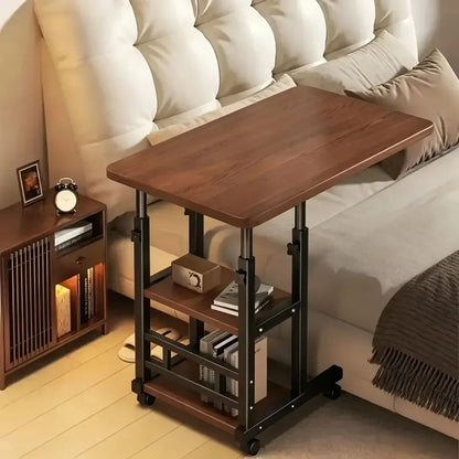 Adjustable mobile laptop table stand with wheels and storage shelves for home and office use
