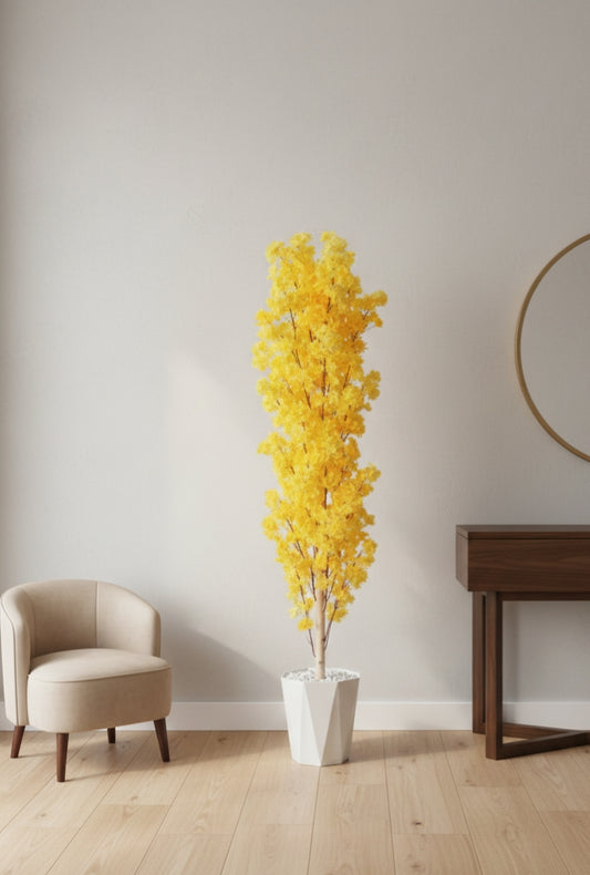 Tall artificial cherry blossom arrangement with pot and toppings.