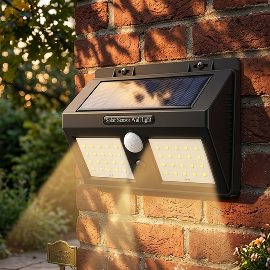 Solar power motion sensor wall light with wide angle illumination and waterproof outdoor security lighting