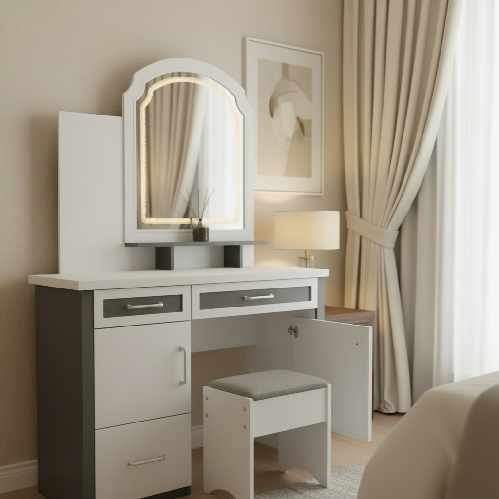 Vanity Dressing Table With Mirror, Storage Cabinet And Stool