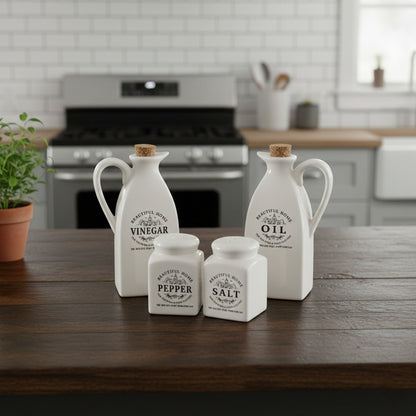 4-in-1 cruet jar set with oil, vinegar, salt, and pepper containers