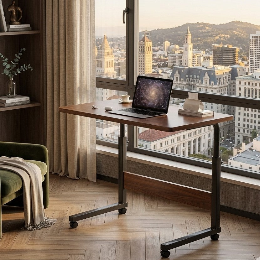 Adjustable movable bedside laptop desk with expandable tabletop and strong metallic stands for home and office use. 