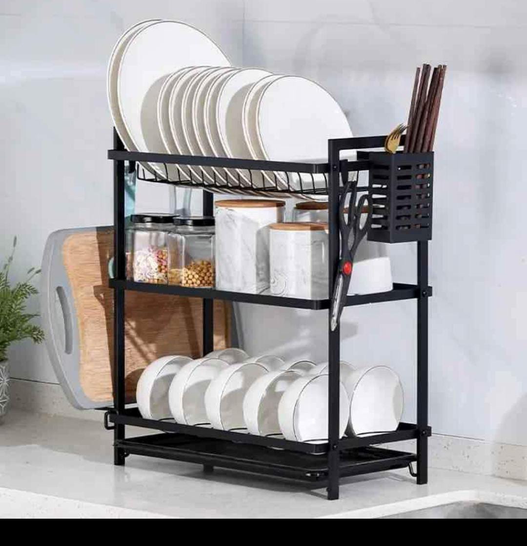 Metallic dish rack for drying and organizing plates, bowls, cups, and utensils