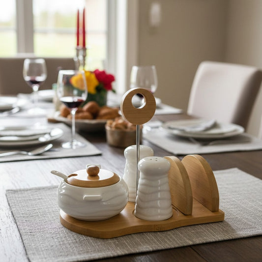 Ceramic sugar dish and two salt shakers arranged on a bamboo base for table use.
