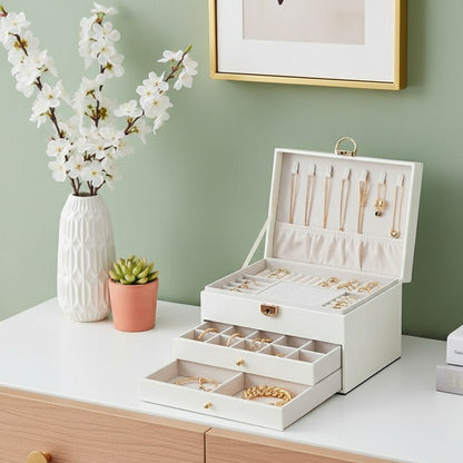 Multi-layer jewelry storage box with embossed leather finish