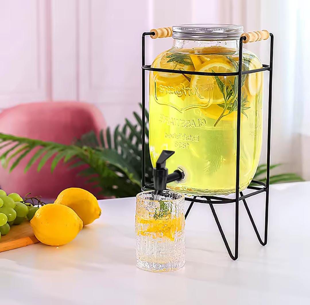 Glass juice dispenser with metal stand, 5 L and 8 L beverage server with tap for parties and home use.