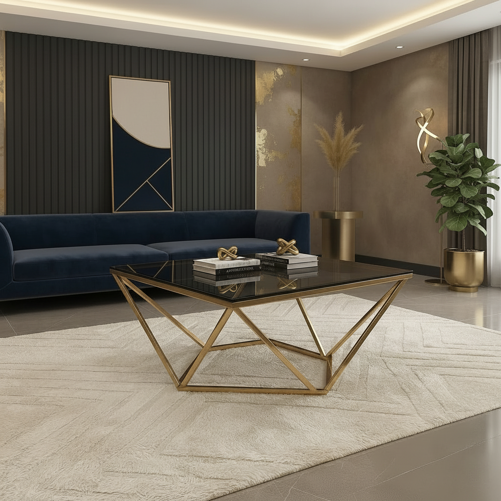 Geometric Gold Framed Diamond Design Glass Coffee Table