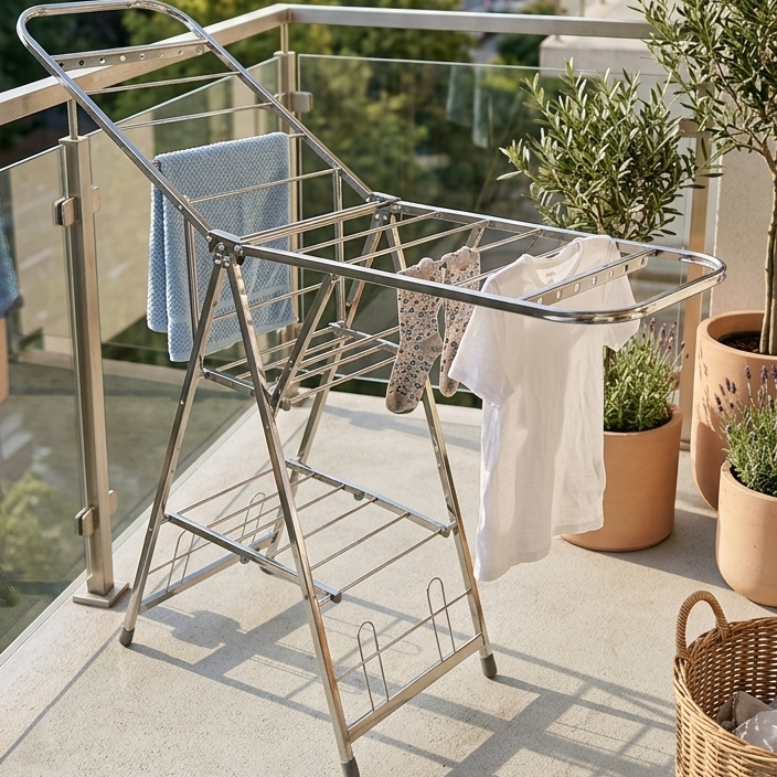 Foldable portable laundry drying rack with wheels and 9-hole hanger for convenient clothes drying
