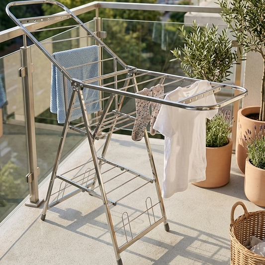 Foldable portable laundry drying rack with wheels and 9-hole hanger for convenient clothes drying