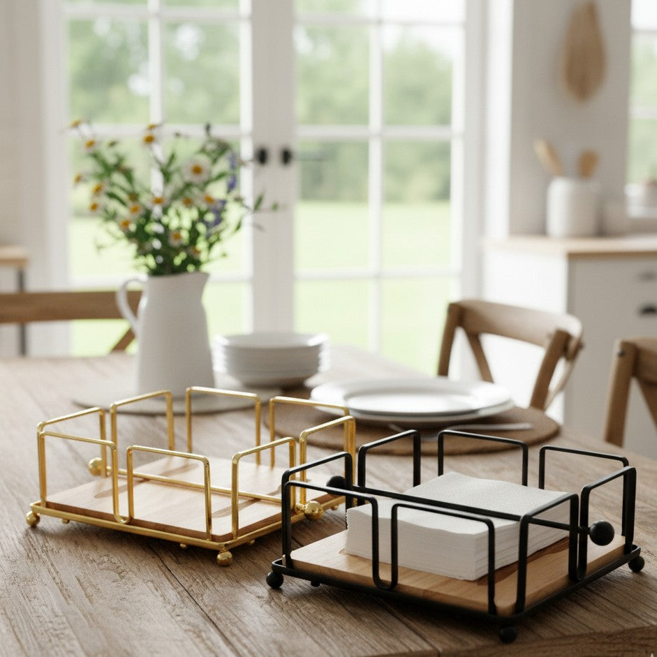 Metallic Serviette Holder With Bamboo Base