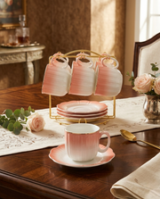 13 Piece tea and coffee set with cups, saucers, and golden stand for elegant serving