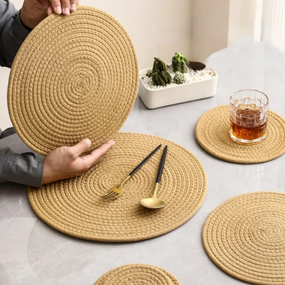 Set of 6 woven dining table placemats 13 inches available in beige, white, and grey.