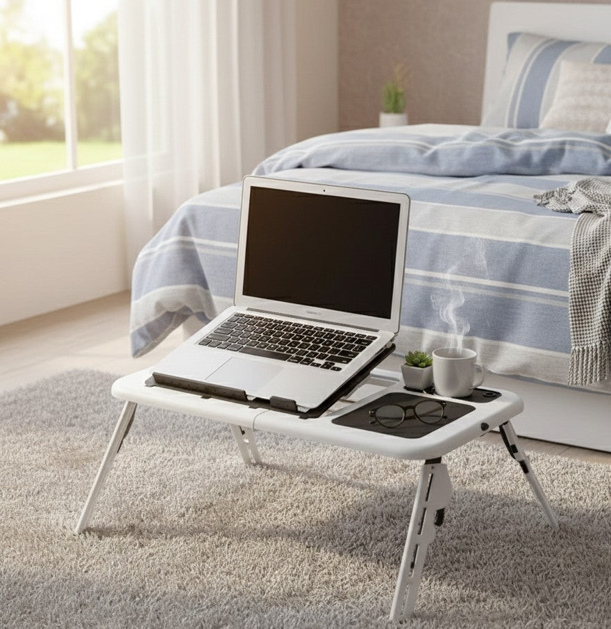 Foldable plastic laptop stand for ergonomic and portable use.