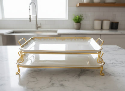 2-Piece Ceramic Serving Trays with Gold Stand