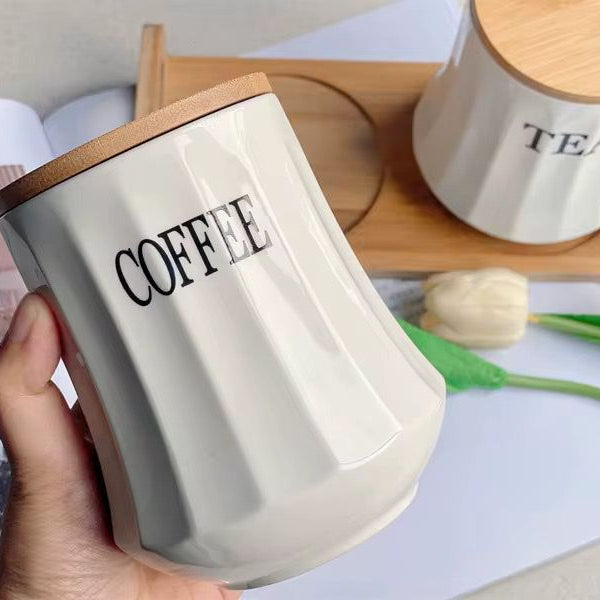 Ceramic Tea Coffee Sugar Canister Set with Bamboo Stand