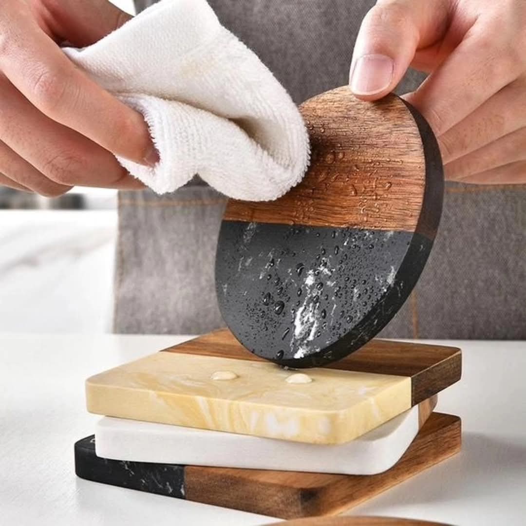 6 pcs Marble Wood Splicing Coasters