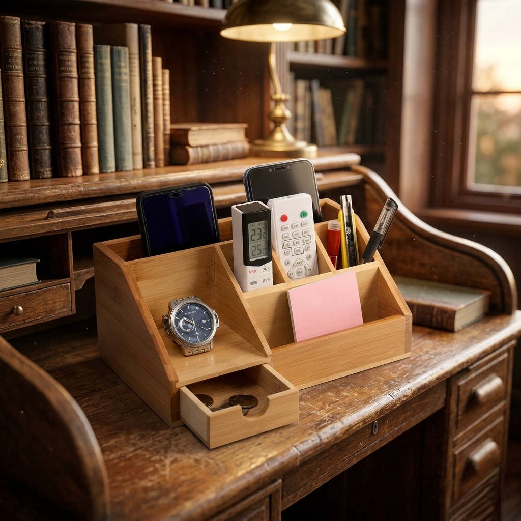 Wooden bamboo desk organizer for stationery storage and desk organization at home office or school