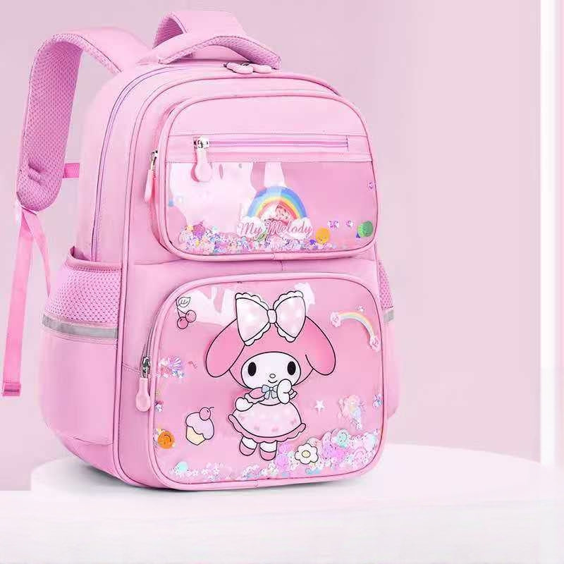 Cartoon school bag made of Oxford material available in pink, blue, and purple