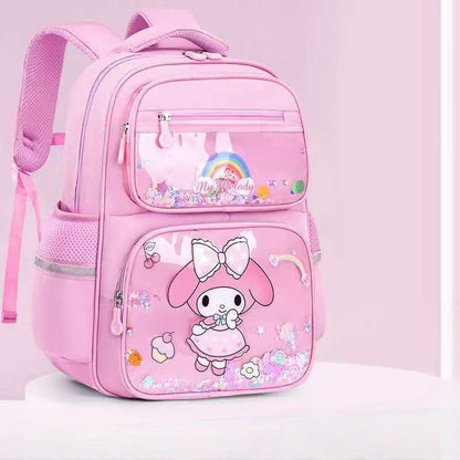Cartoon school bag made of Oxford material available in pink, blue, and purple