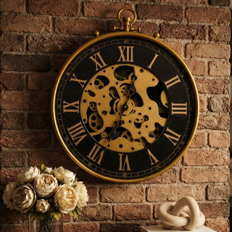 60 cm golden vintage gear wall clock with decorative open gear design for elegant home and office décor.