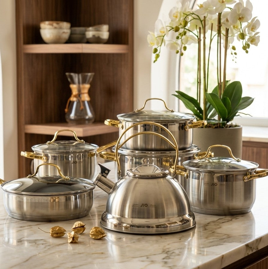12pcs Stainless Steel Cookware Set with Kettle Mirror Polished