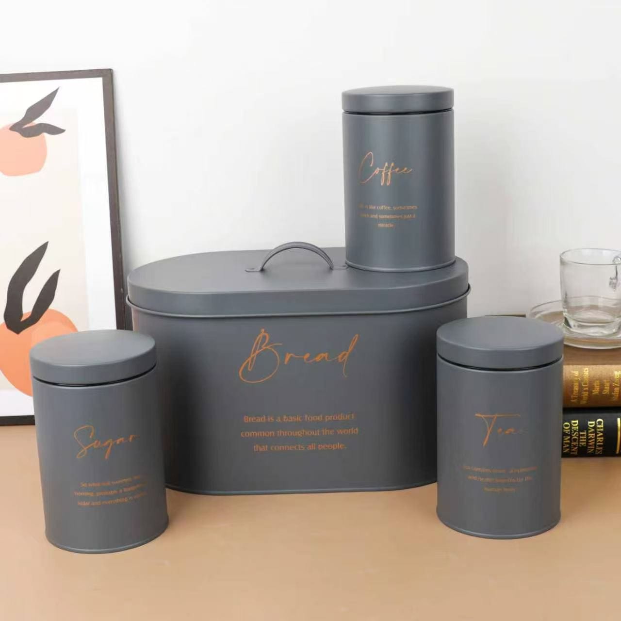 4Pc Metal Bread Box and Tea Sugar Coffee Canister Set