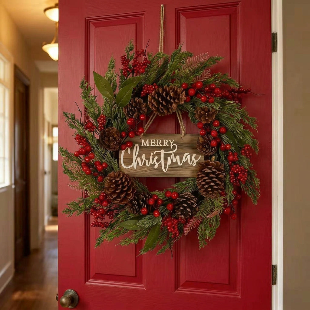 50cm Handmade Christmas Door Wreath with Green Pine Foliage, Red Berries, Natural Pinecones and Merry Christmas Sign available in Nairobi, Kenya