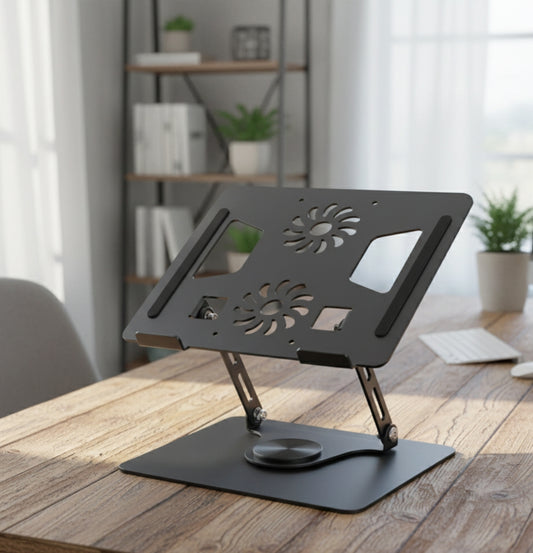 Adjustable metal laptop stand with dual cooling fans and anti-slip pads.