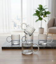 Embossed transparent glass mugs with pearl handle set